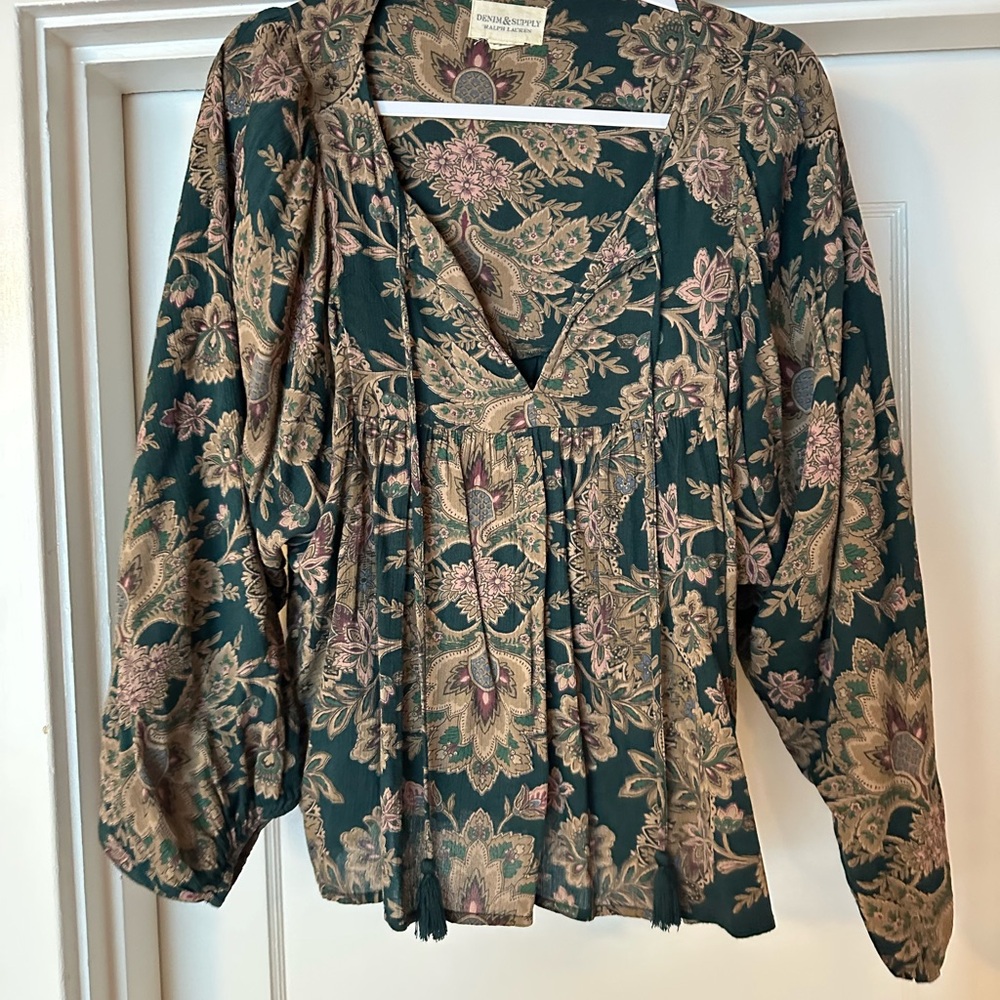 Denim & Supply Ralph Lauren Green Pleated Long Sleeve Blouse